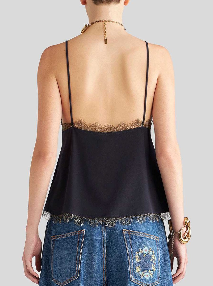 ETRO Cime | Top In Crepe De Chine Con Dettagli In Pizzo Blu Navy