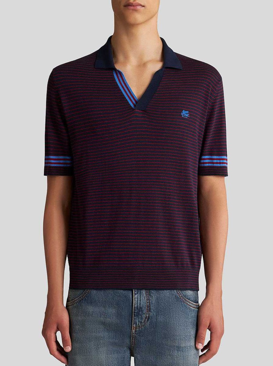 ETRO Maglieria | Polo In Maglia A Righe Con Logo Blu Navy