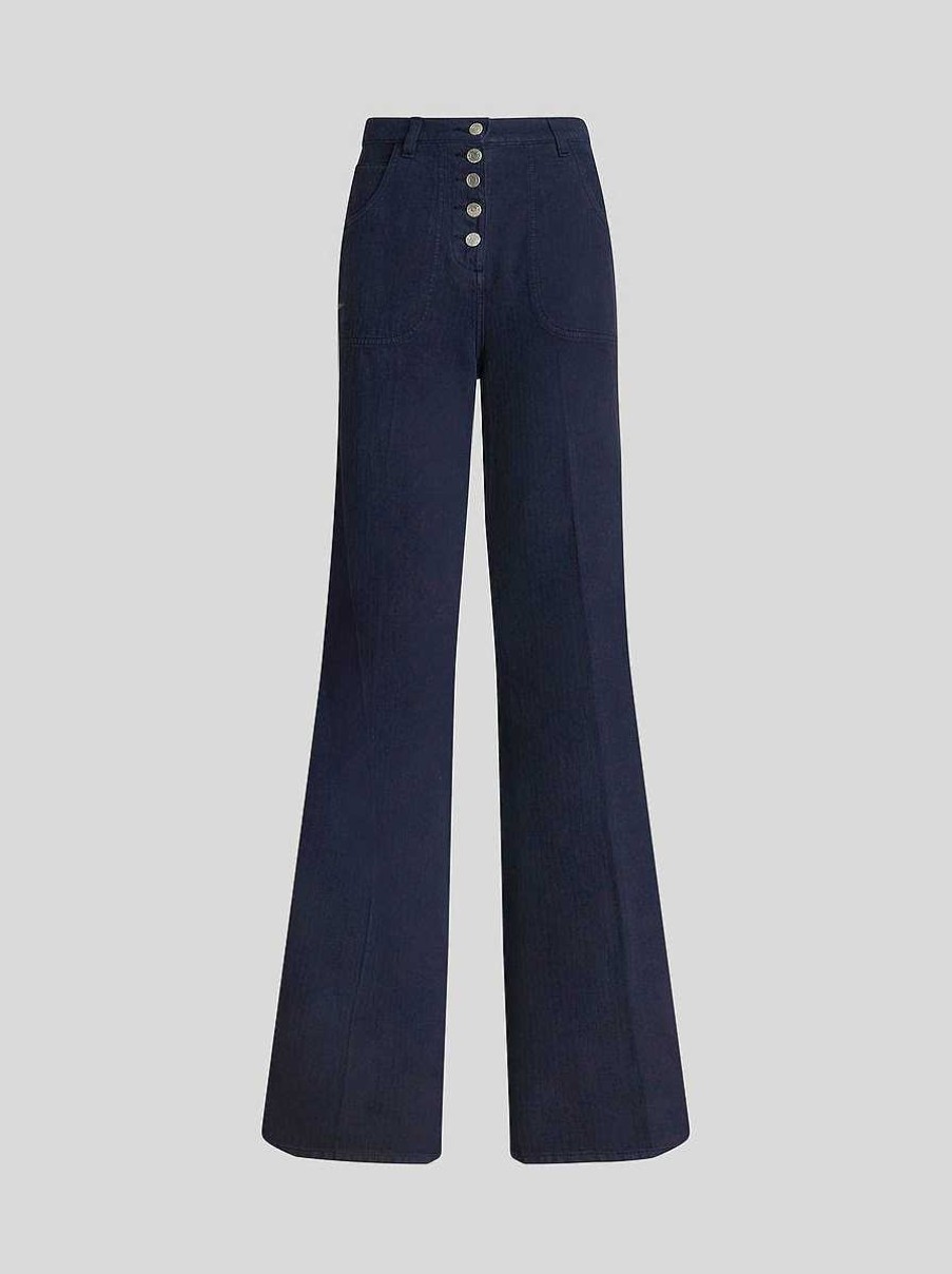 ETRO Denim | Jeans Con Tasche A Fogliame Blu Navy