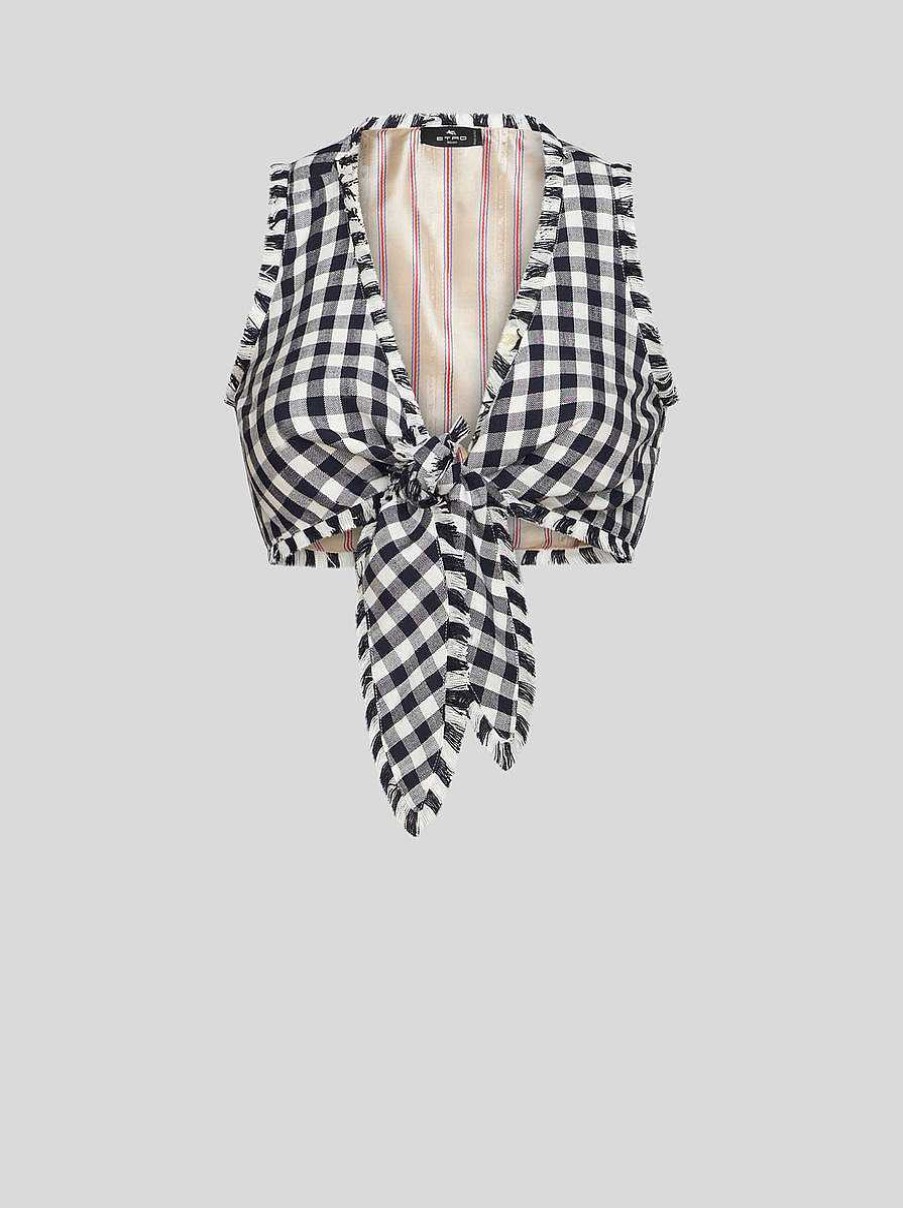 ETRO Cime | Top A Quadretti Con Fiocco Blu Navy