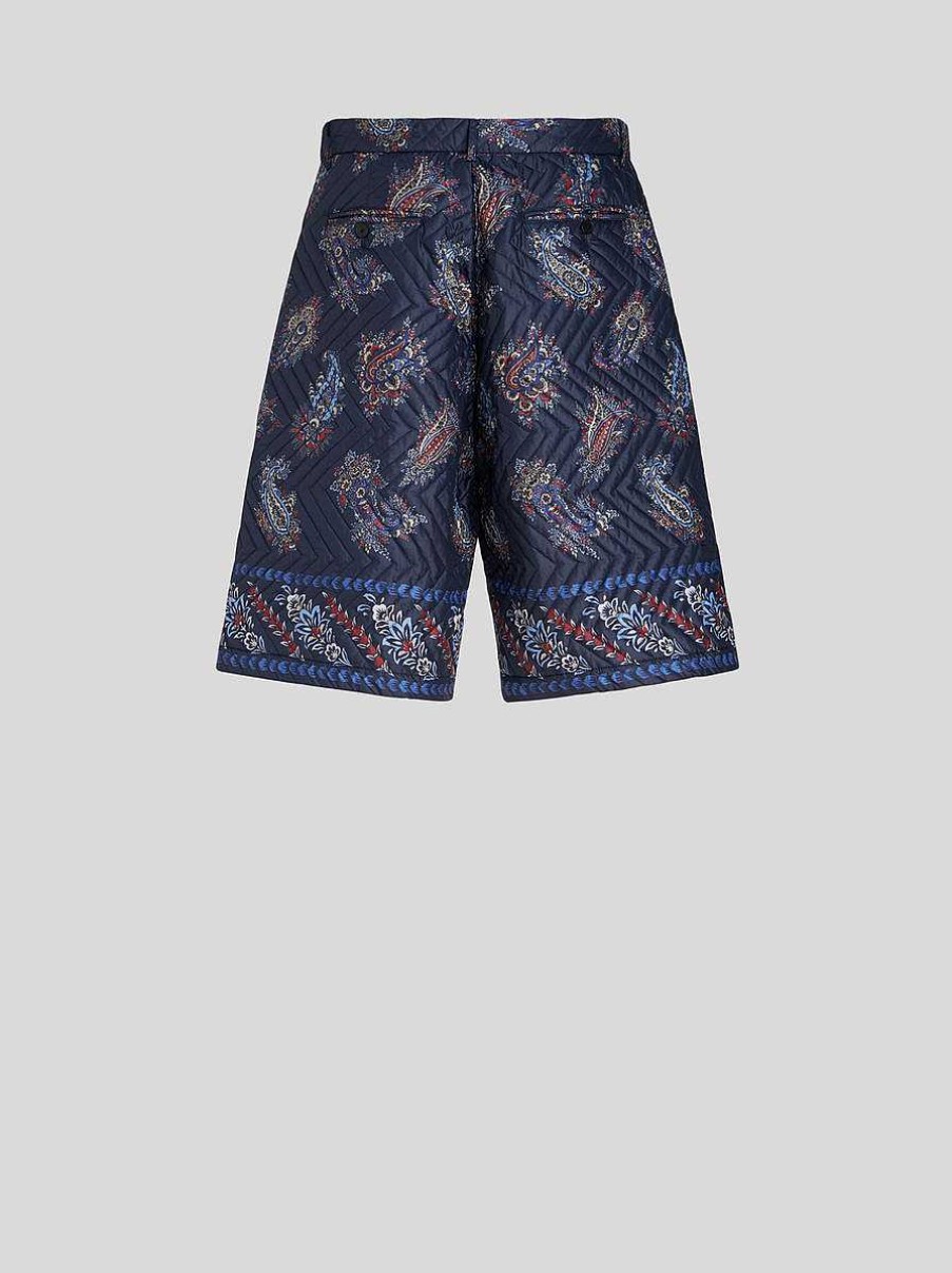 ETRO Pantaloni | Bermuda In Nylon Trapuntato Con Motivo Paisley Blu Navy