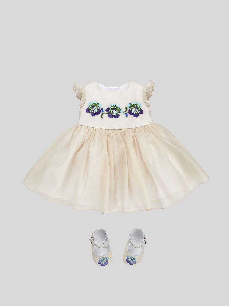 ETRO Bambina 1-9 Mesi | Abito Baby In Organza Con Ricami Floreali Beige